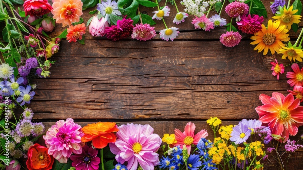 Colorful flowers displayed on a wooden table Colorful flowers displayed on a wooden table