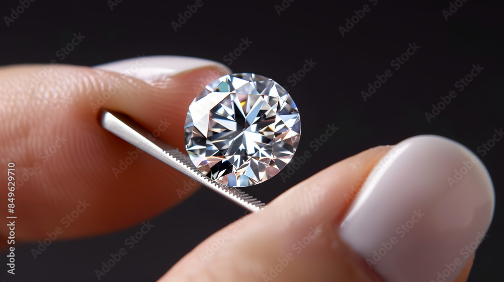 hand holding a sparkling diamond with tweezers. The brilliance of the gem is highlighted against a dark background, showcasing its clarity and cut in exquisite detail hand holding a sparkling diamond with tweezers. The brilliance of the gem is highlighted against a dark background, showcasing its clarity and cut in exquisite detail