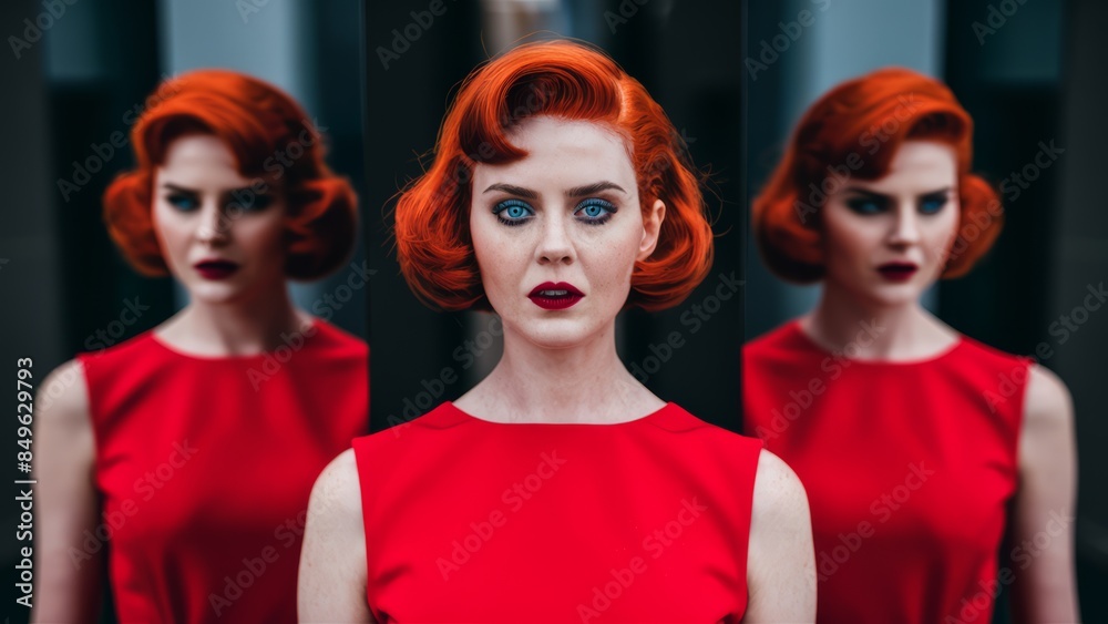 A woman with red hair in a red dress and makeup, AI