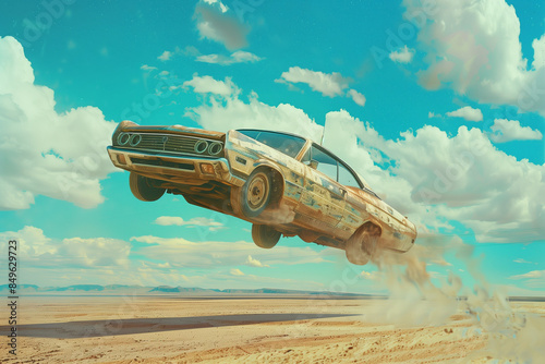 A vintage muscle car soars through the air against a vibrant blue sky and fluffy clouds, exuding a sense of adventure and freedom