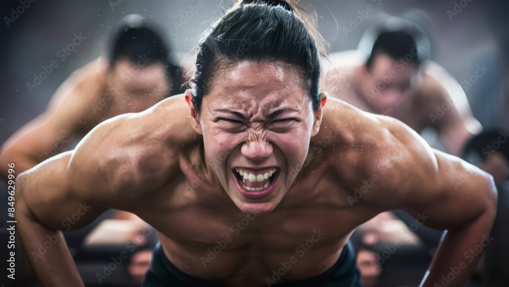 A man doing push ups with other people in the background, AI A man doing push ups with other people in the background, AI