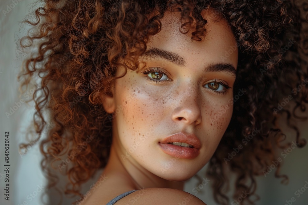 beautiful young woman with curly hair looking at came
