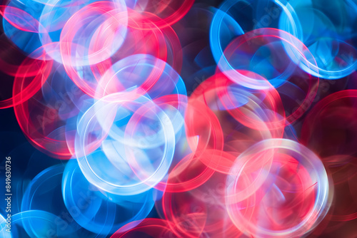 refractive interlocking circles, abstract, red white and blue, glowing, blur,