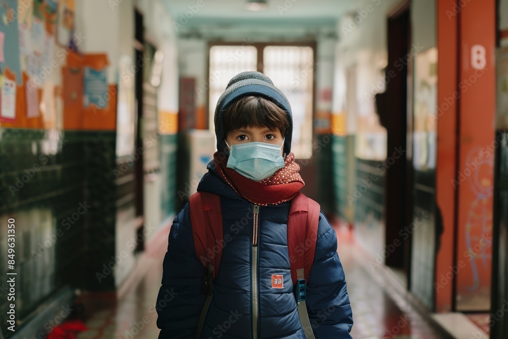 Fototapeta premium A Child with face mask back at school