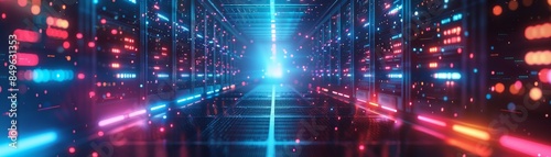 Futuristic data center with glowing neon lights and servers, showcasing advanced technology and modern infrastructure.