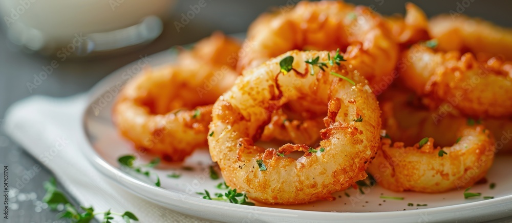 Crispy fried onion rings on a white plate Crispy fried onion rings on a white plate