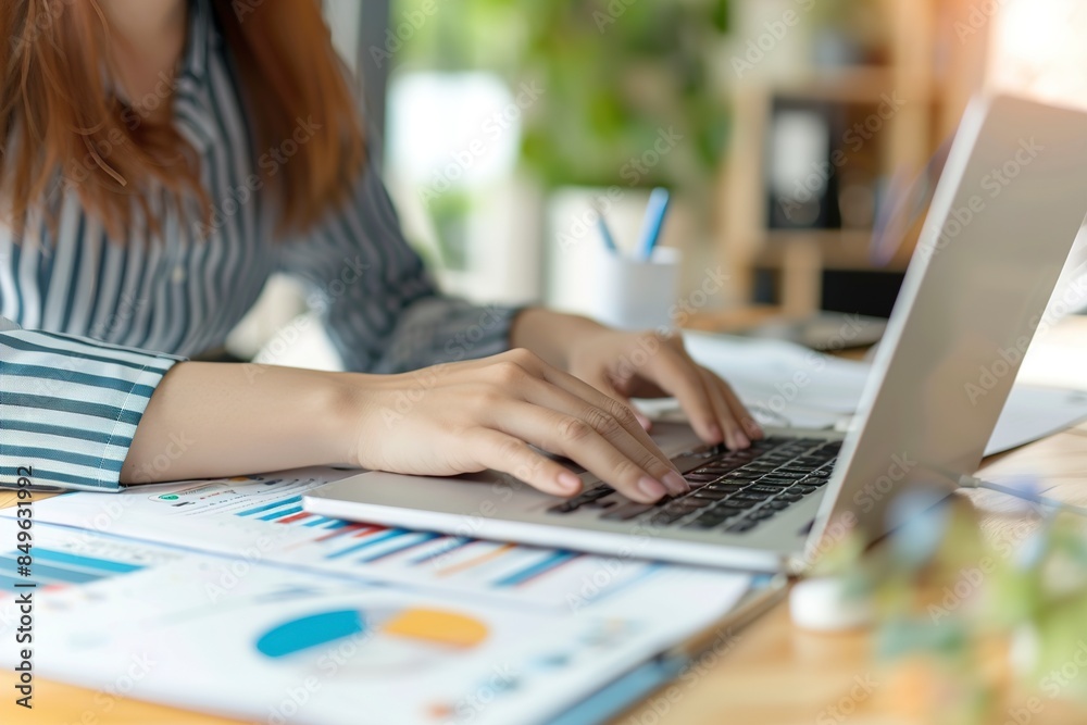 A woman hands typing on laptop and writing