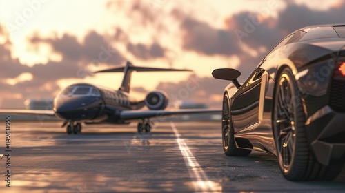 luxuary car and private jet on landing strip.  photo