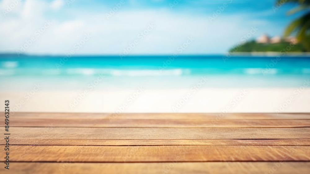 Fototapeta premium Wooden Desk of Free Space Against Tropical Beach