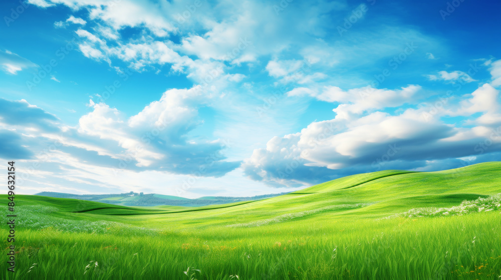Obraz premium Green Hills Meadows Under Blue Sky White Clouds Panorama Banner