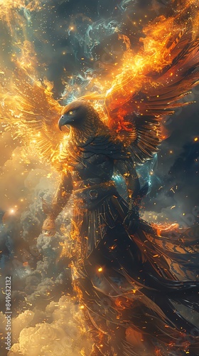 Horus wielding holographic falcon wings in a surreal cosmic battle of destiny