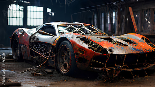 Rusted Rocket - AI operated ancient sports car as a Racer's Dream got rusted, fully covered with dust and spider webs photo