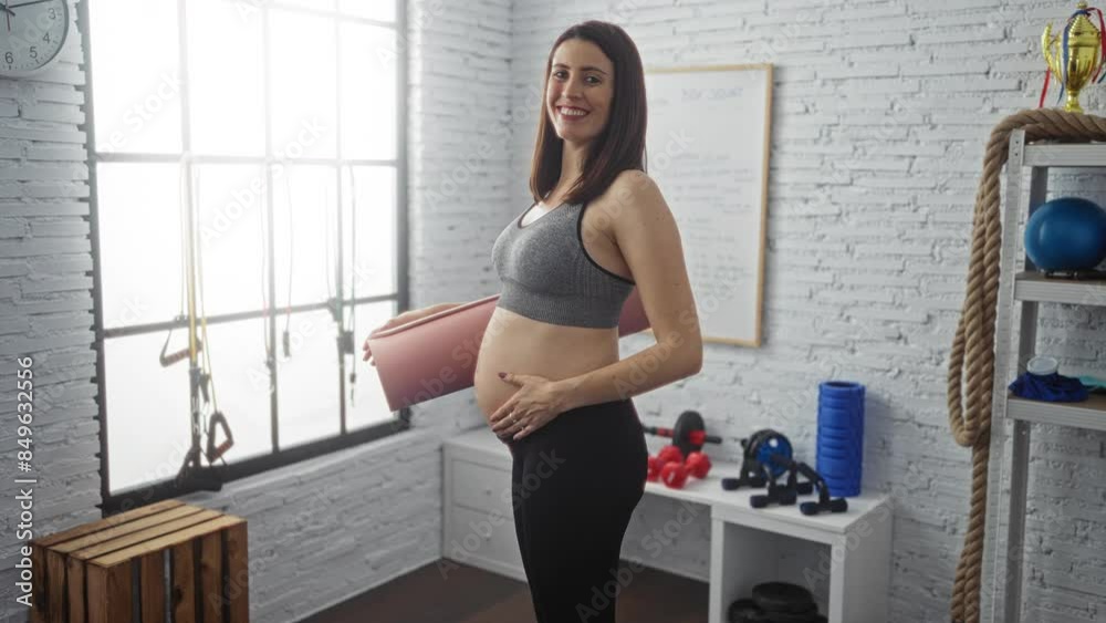 A young pregnant hispanic woman holds a yoga mat, standing confidently in an indoor gymnasium during her fitness routine, showcasing a blend of maternity and active lifestyle. A young pregnant hispanic woman holds a yoga mat, standing confidently in an indoor gymnasium during her fitness routine, showcasing a blend of maternity and active lifestyle.