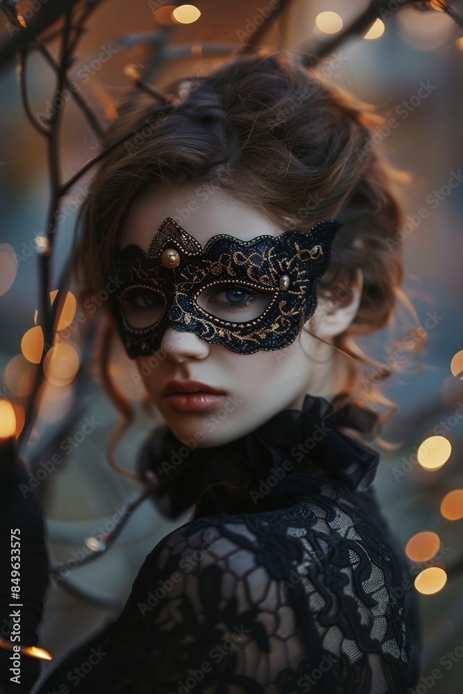 Fototapeta premium An Elegant women in masks celebrate Halloween with mystery
