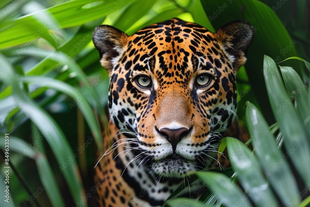 An Endangered jaguar staring in tropical rainforest beauty An Endangered jaguar staring in tropical rainforest beauty