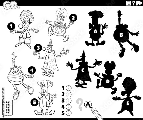 finding shadows activity with cartoon clowns coloring page