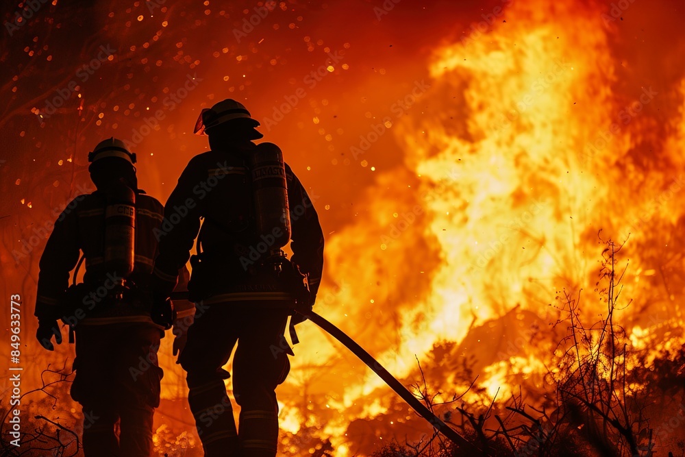 Naklejka premium A Firefighters in protective gear fight blazing