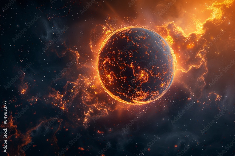 Obraz premium A Flaming sphere illuminated dark futuristic galaxy back