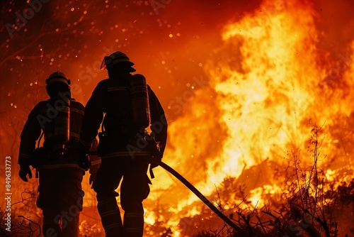 A Firefighters in protective gear fight blazing