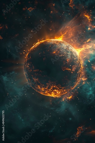 A Flaming sphere illuminated dark futuristic galaxy back