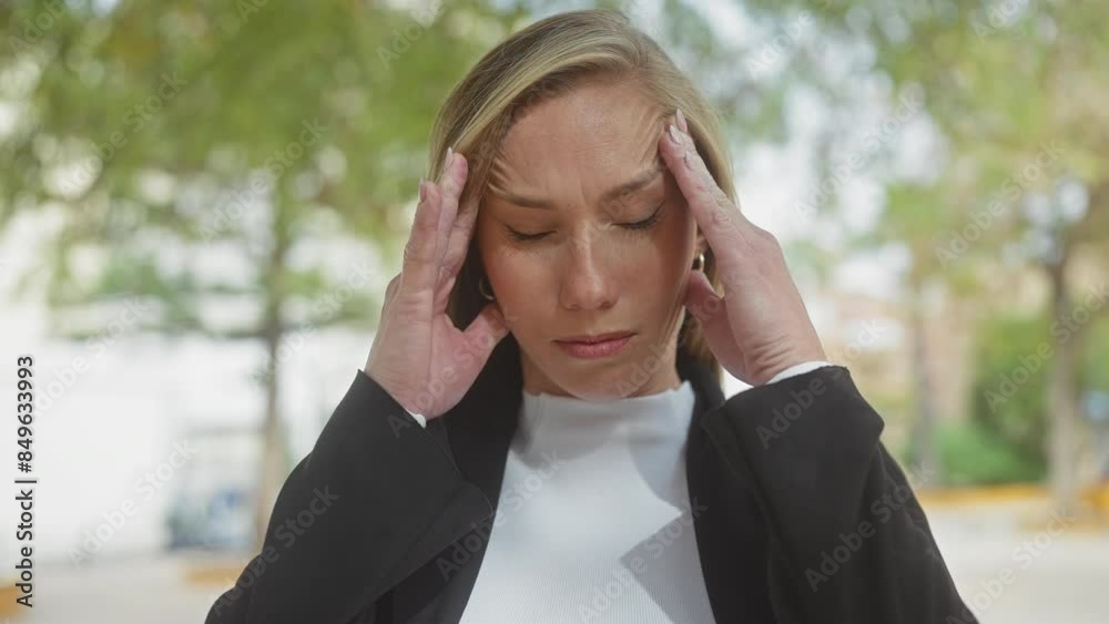 A stressed woman in professional attire stands outdoors, her headache apparent amidst a backdrop of blurred greenery. A stressed woman in professional attire stands outdoors, her headache apparent amidst a backdrop of blurred greenery.