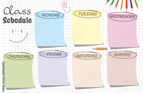 Class schedule template with name of days and color crayon smile and school pencil with rubber