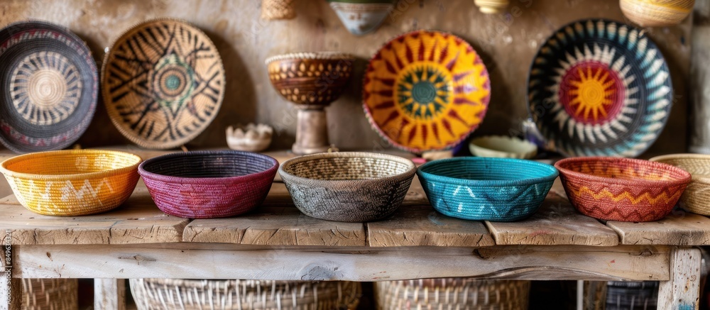 Colorful woven baskets on a rustic table Colorful woven baskets on a rustic table