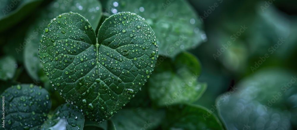 Heart-shaped leaf with dewdrops in a garden Heart-shaped leaf with dewdrops in a garden