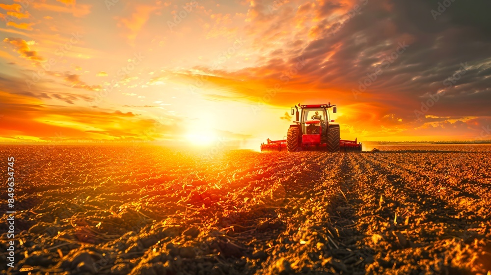 Fototapeta premium Tractor on a plowed field at sunset. Golden sun setting behind a farming vehicle. Concept of agriculture and cultivation. Vibrant rural scene perfect for illustrating farming themes. AI