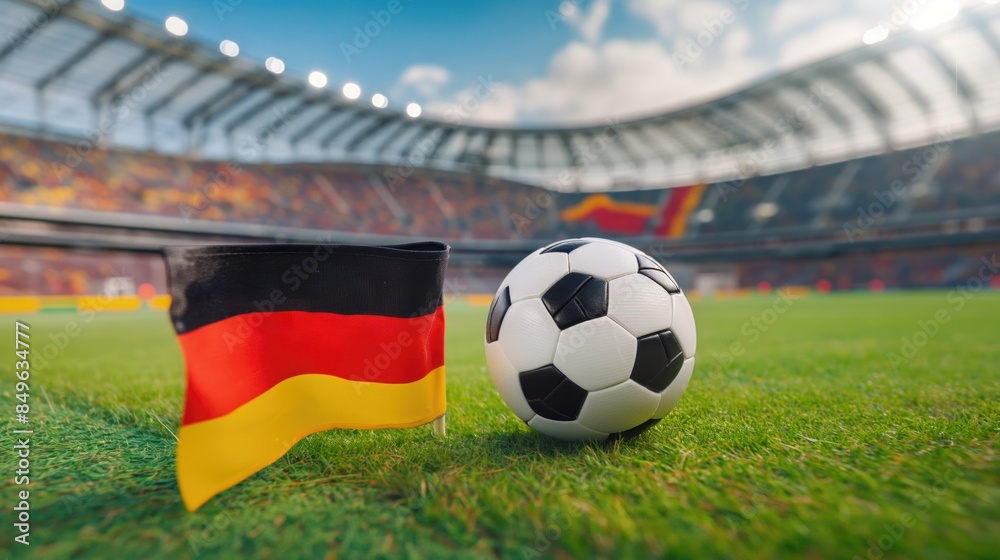 Naklejka premium Soccer ball on the field of the stadium with the German flag. Concept of UEFA European Football Championship. Football concept