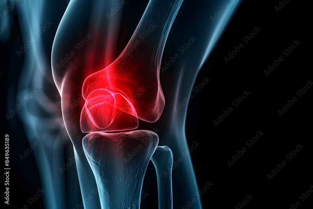  X-ray image of male human knee highlighting the painful area with red color. The focus is on the knee joint, clearly showing the internal structure against solid black background, banner, copy space