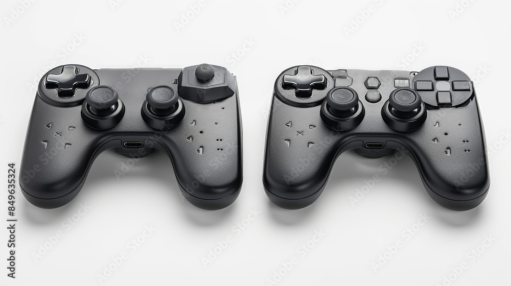 Collage of Remote Controllers on White Background Featuring Modern Gaming Devices
