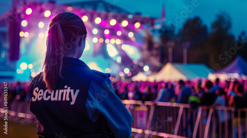 Woman security guard monitoring a crowd at an open-air music festival