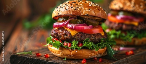 Closeup of a veggie burger on a wooden cutting board photo