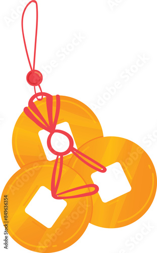 Three round gold coins connected red string form traditional Chinese lucky charm. Light yellow background emphasizes shiny gold coins, perfect new year, prosperity, hanging decoration. Illustration