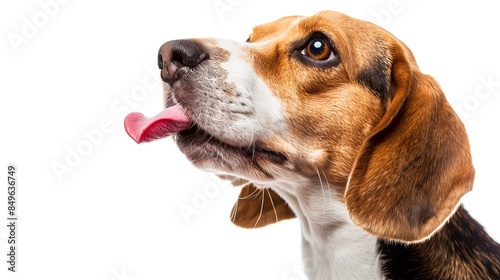 Close-up of beagle with tongue out against white background. Cute dog portrait with focus on expression and ears. Ideal for pet industry publications and advertisements. AI
