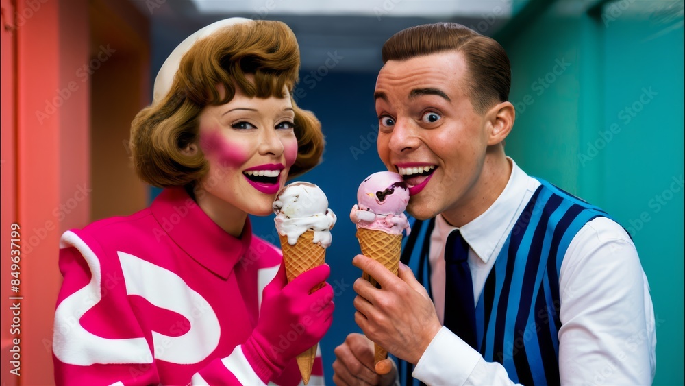 A man and woman eating ice cream cones in a cartoon, AI A man and woman eating ice cream cones in a cartoon, AI