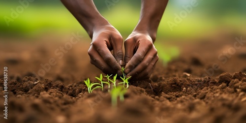 Hand planting wheat seeds in soil representing the parable of the sower. Concept Nature, Agriculture, Symbolism, Faith, Parable photo