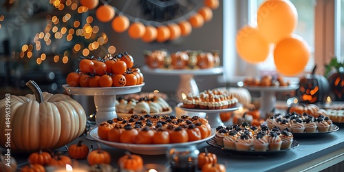A table decorated with Halloween-themed food and decorations, creating a festive and spooky atmosphere.