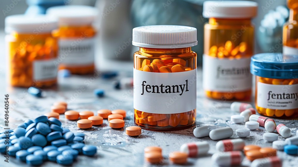 perscription fentanyl pills in plastic pill containers, drug use and abuse concept perscription fentanyl pills in plastic pill containers, drug use and abuse concept