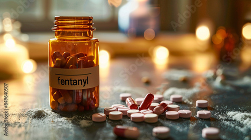 perscription fentanyl pills in plastic pill containers, drug use and abuse concept photo