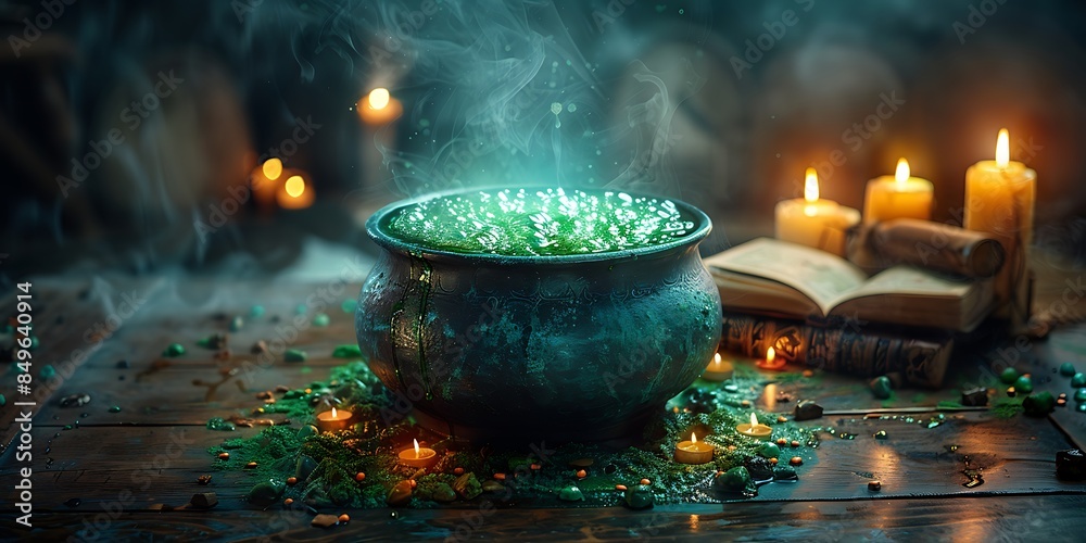 A mystical still life image featuring a cauldron filled with a glowing green potion, surrounded by candles, an old spellbook, and an eerie, magical atmosphere.