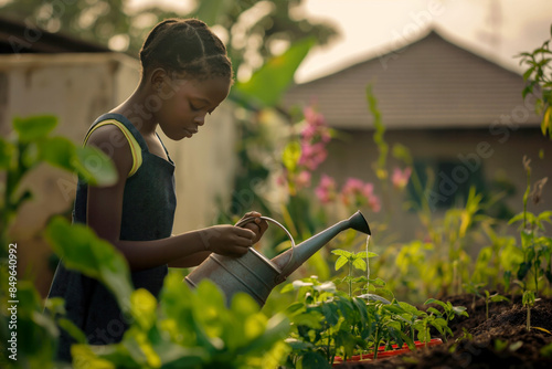An African girl in a garden, attentively watering young plants with a metal watering can, surrounded by lush greenery and blooming flowers.