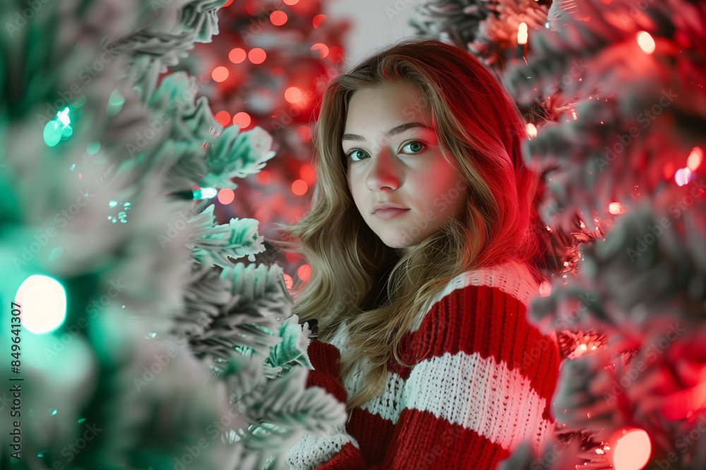 A young woman in a cozy red and white sweater, nestled among beautifully decorated Christmas trees, exuding festive warmth and holiday cheer A young woman in a cozy red and white sweater, nestled among beautifully decorated Christmas trees, exuding festive warmth and holiday cheer