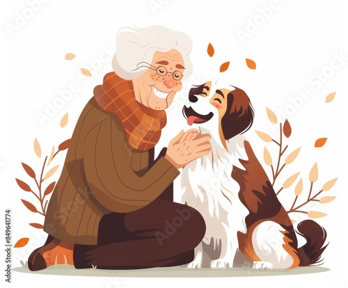 All in a cartoon style, Frame mockup, ISO A sizea , Happy and very satisfied elderly Human and pet , on a white background photo