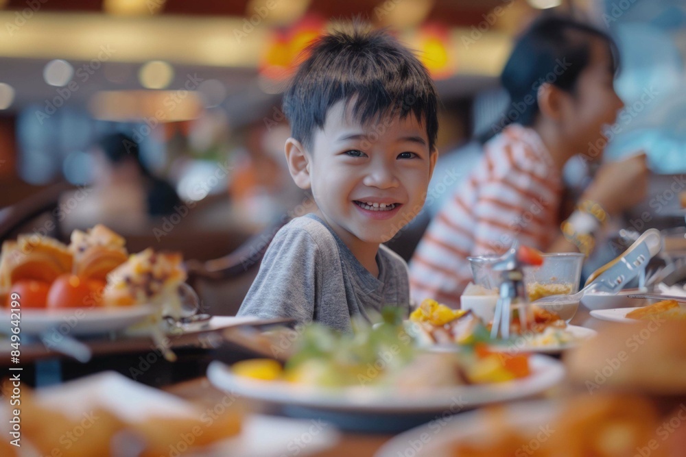 Happy kid and his sister enjoying in buffet breakfast while being in hotel with their parents. Happy kid and his sister enjoying in buffet breakfast while being in hotel with their parents.