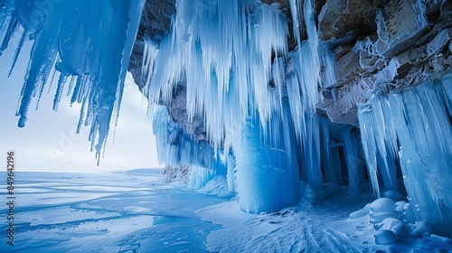 Giant blue icicles hang from the icy walls of a cave on the shore of Lake Baikal. This unusual sight can only be seen in winter. photo