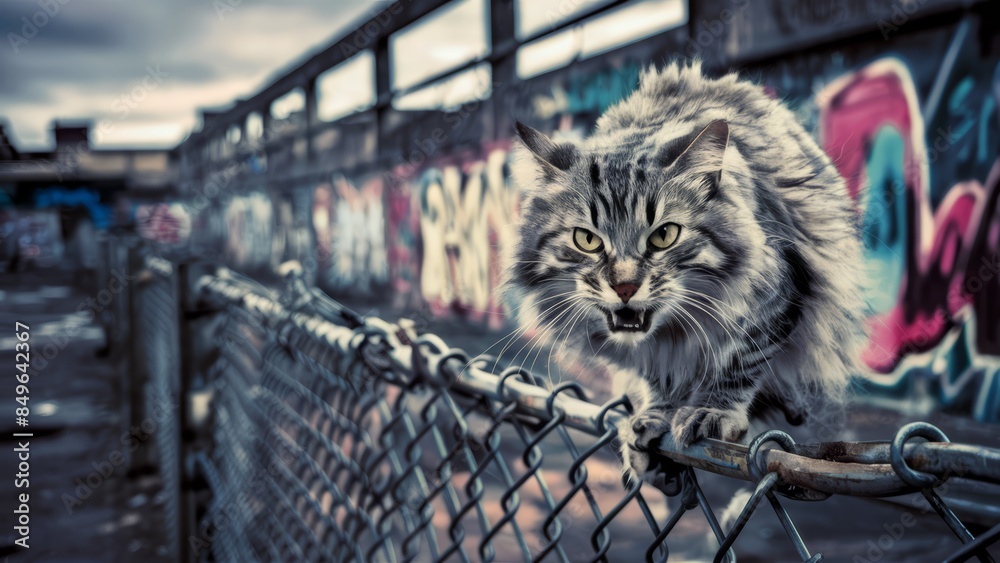 Obraz premium A cat sitting on top of a fence with graffiti all around it, AI