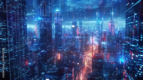 Cyberpunk City Night View with Futuristic Metaverse Concept