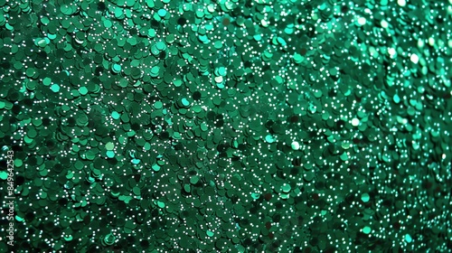 Festive green glitter sparkle confetti background for Christmas, New Year, birthday party celebration wallpaper with copyspace